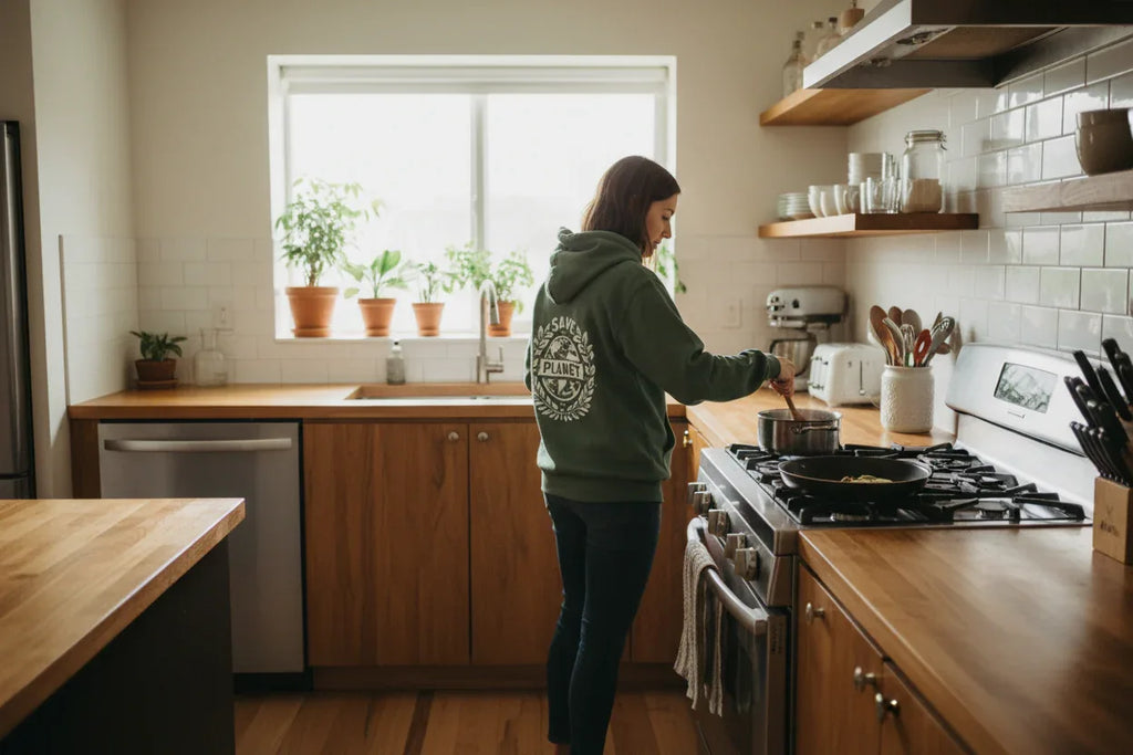 Forest green hooded sweatshirt with large back “Save the Planet” logo