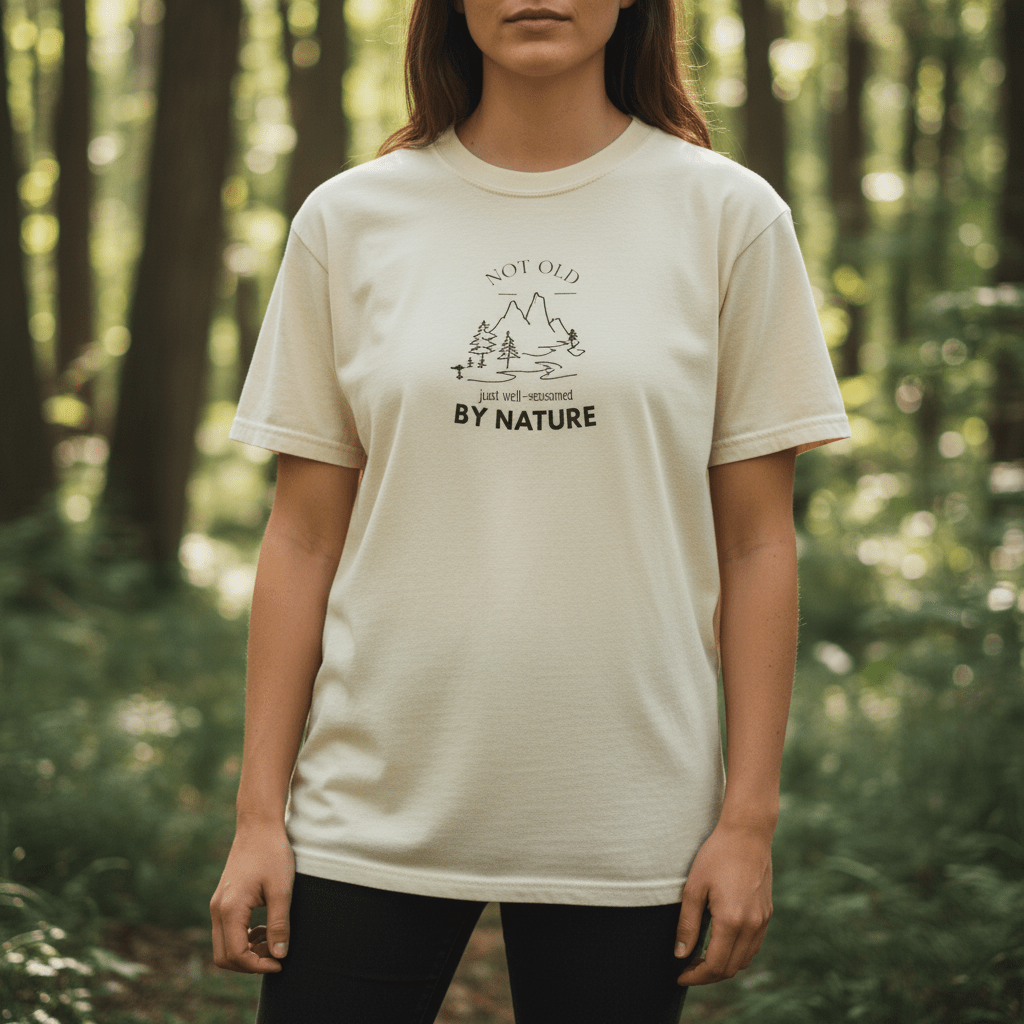Ivory T-shirt with small mountain, tree, and 'BY NATURE' graphic