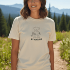 Cream/ivory graphic T-shirt with mountain and trees logo and “BY NATURE” chest print