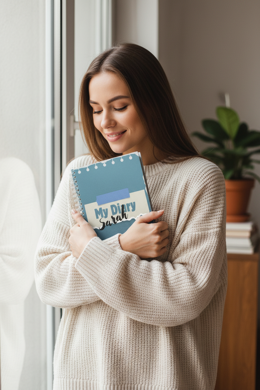 Woman holding diary to chest by window