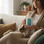 White mug with "Find Your Zen" lettering, held by person in cozy robe