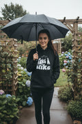 Black Take a Hike hoodie with hood and front Take a Hike mountain graphic.