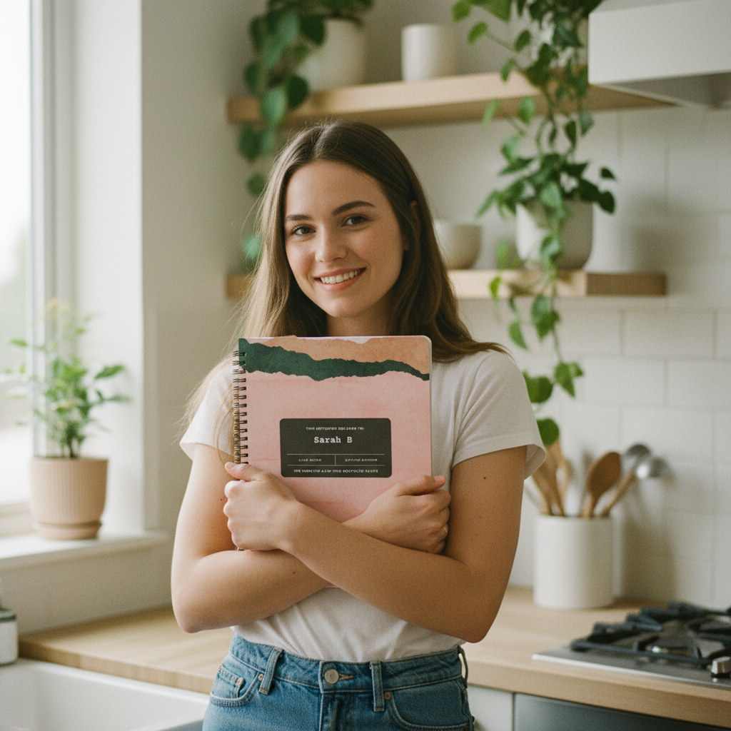 Woman in bright kitchen holding notebook