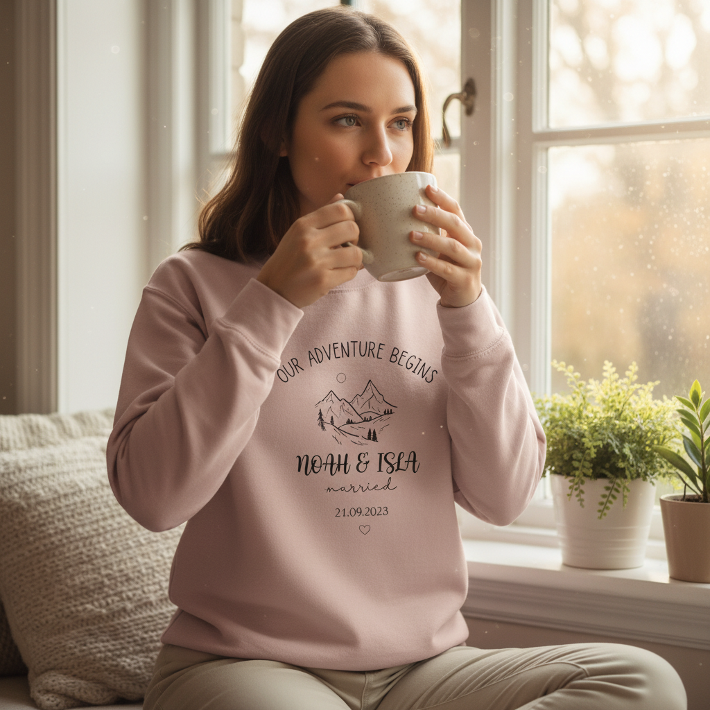 Woman in dusty pink sweatshirt on window seat