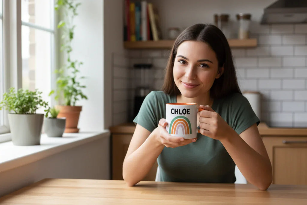 Personalised rainbow mug with name CHLOE, held in a green T-shirt.