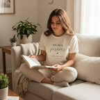 Woman in natural tee on linen sofa
