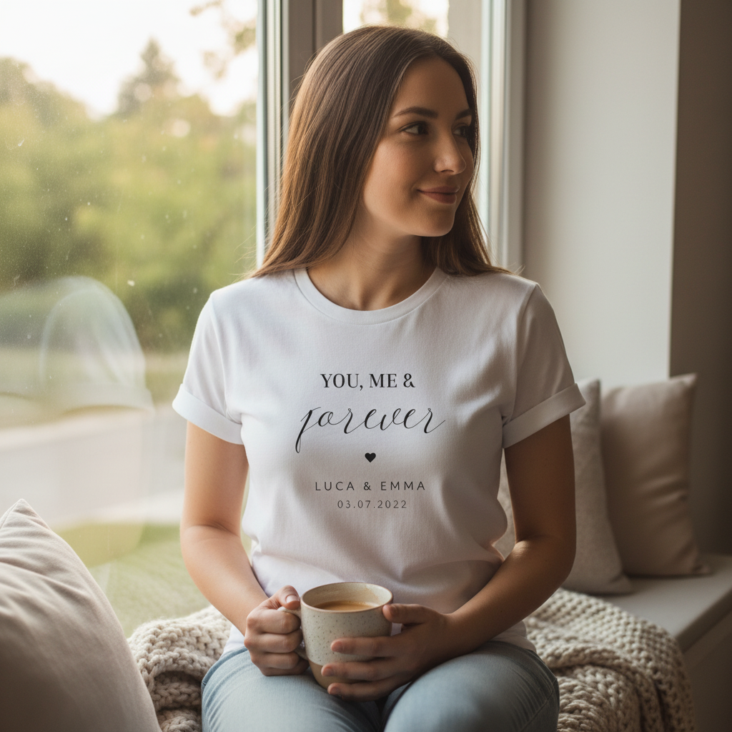 Woman in white tee at window with coffee