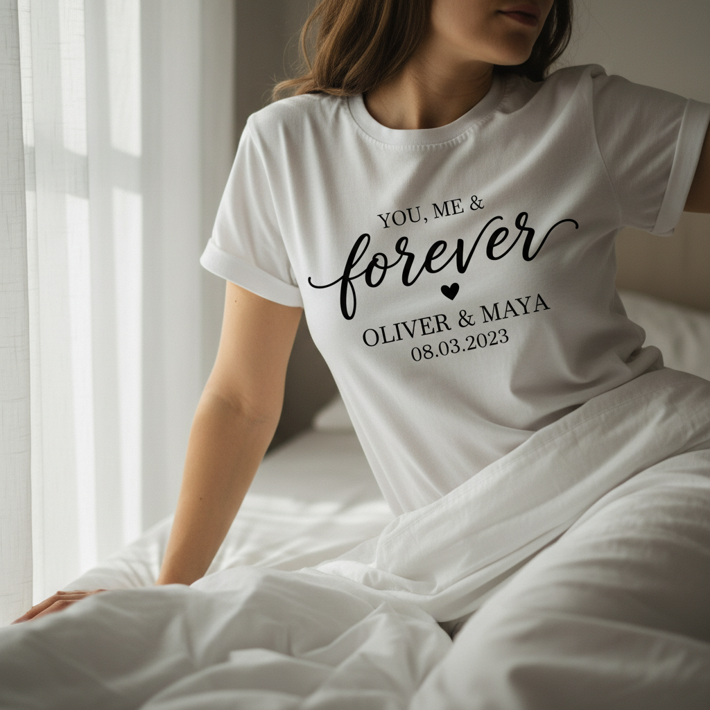 Woman in white tee on bed morning light