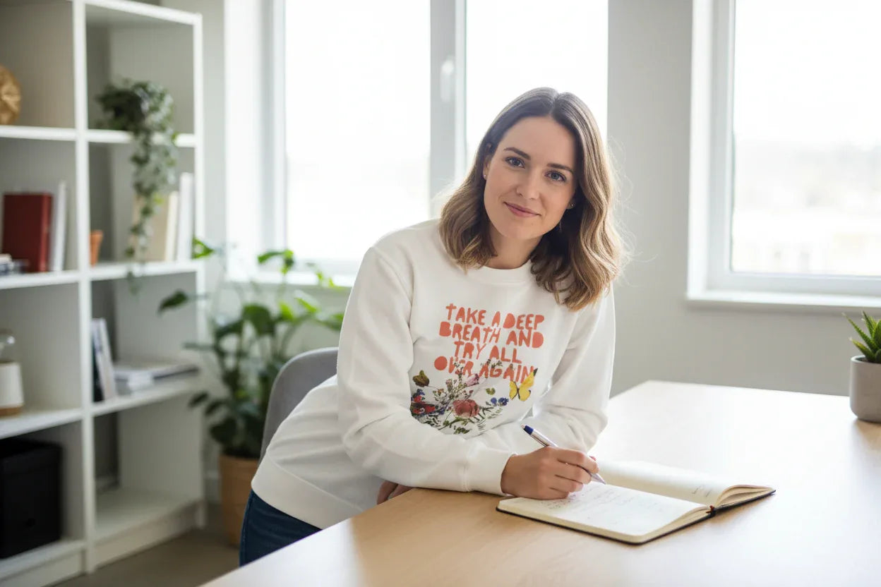 White crewneck sweatshirt featuring a floral inspirational text graphic on chest