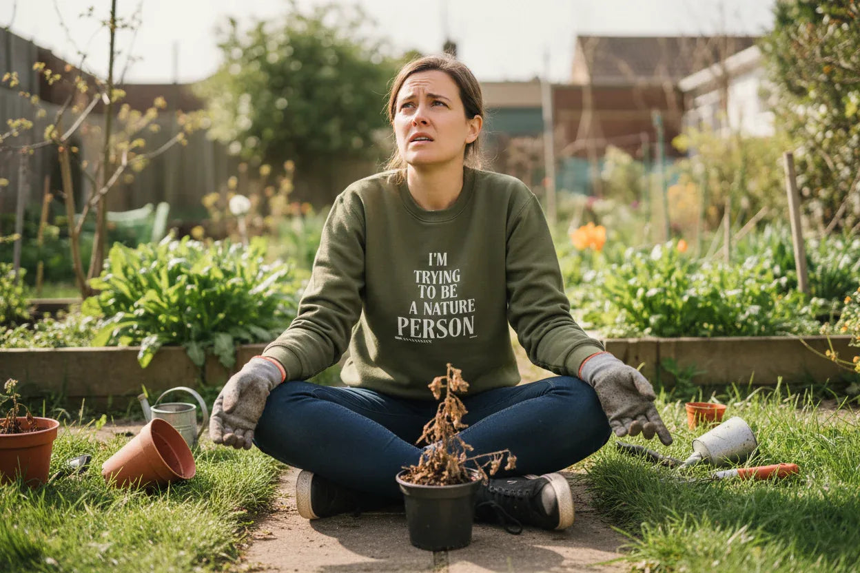 Olive green crewneck sweatshirt with 'I’M TRYING TO BE A NATURE PERSON' front text