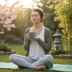 Light gray coffee mug with teal “Find Your Zen” print, held by seated person outdoors