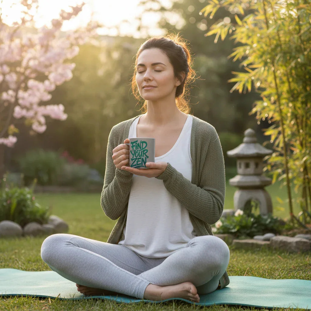 Light gray coffee mug with teal “Find Your Zen” print, held by seated person outdoors