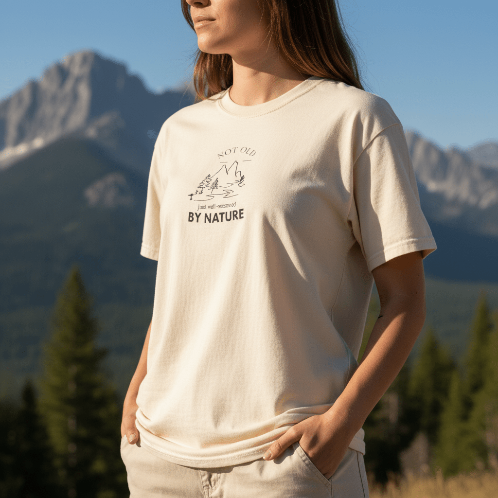 Ivory T-shirt with small mountain and tree graphic, 'BY NATURE' text