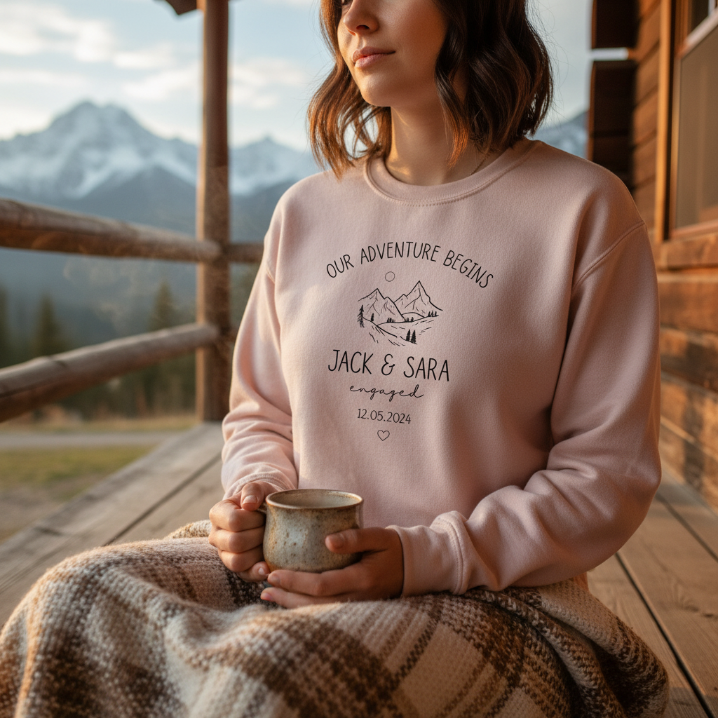 Woman on cabin porch in dusty pink sweatshirt