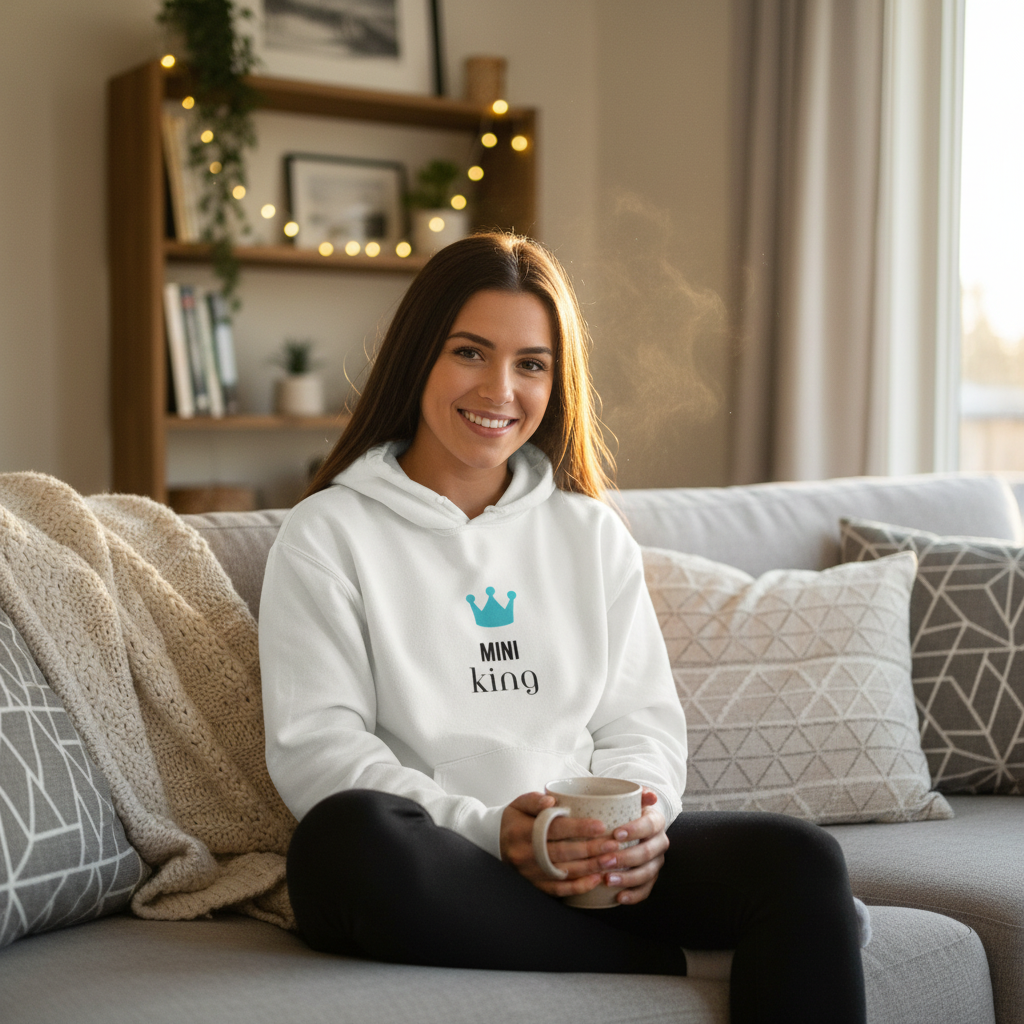 White hooded sweatshirt with teal “MINI king” crown graphic on front