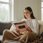 Woman on sofa with throw blanket
