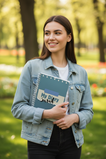 Woman standing outdoors holding diary in garden