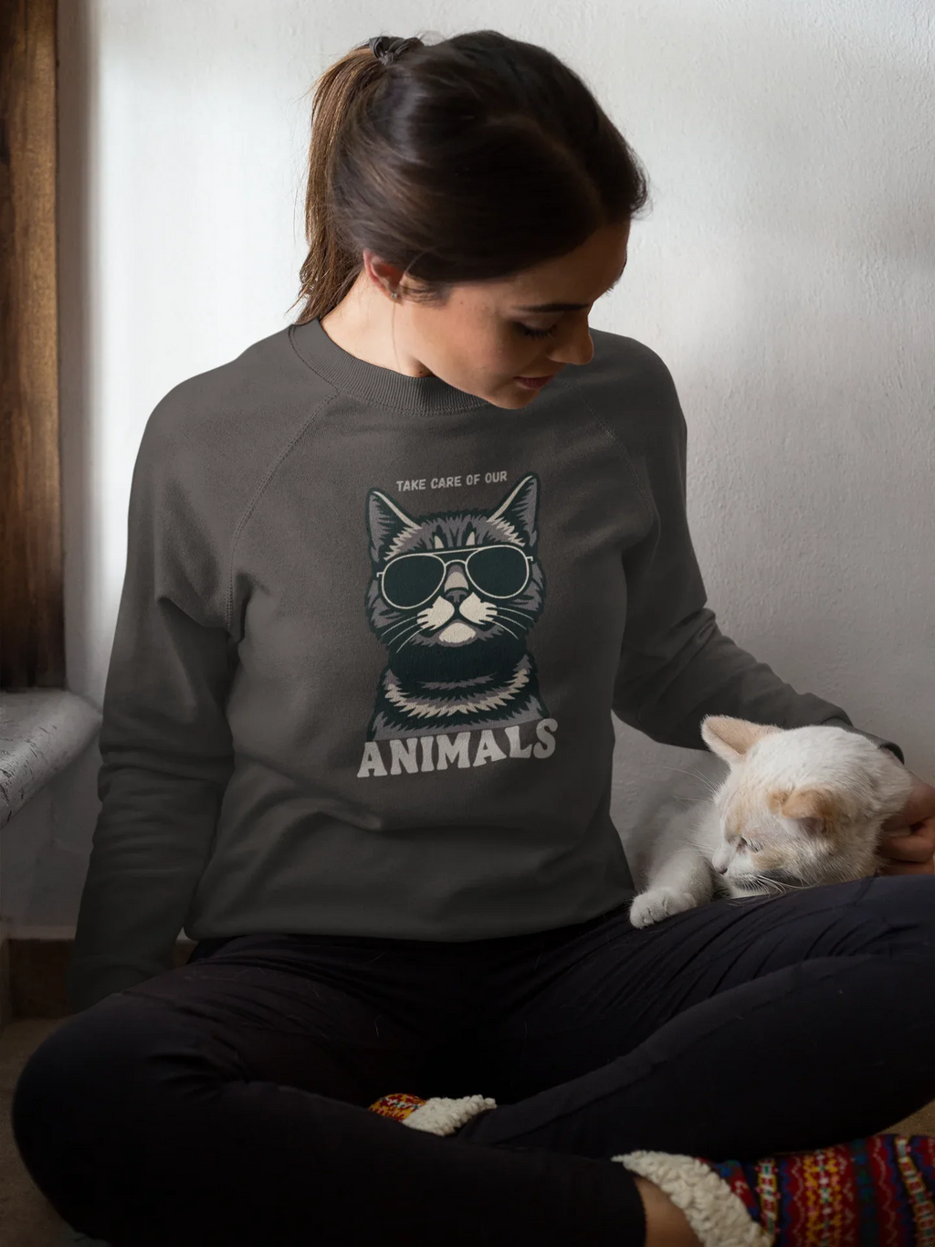 Cat Sunglasses Sweatshirt – 'Take Care of Your Animals' Cozy Crewneck - Alley Crafters