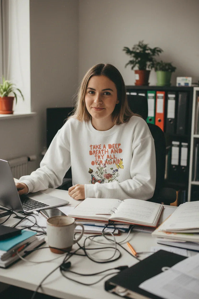 White crewneck sweatshirt with floral inspirational text graphic on the front