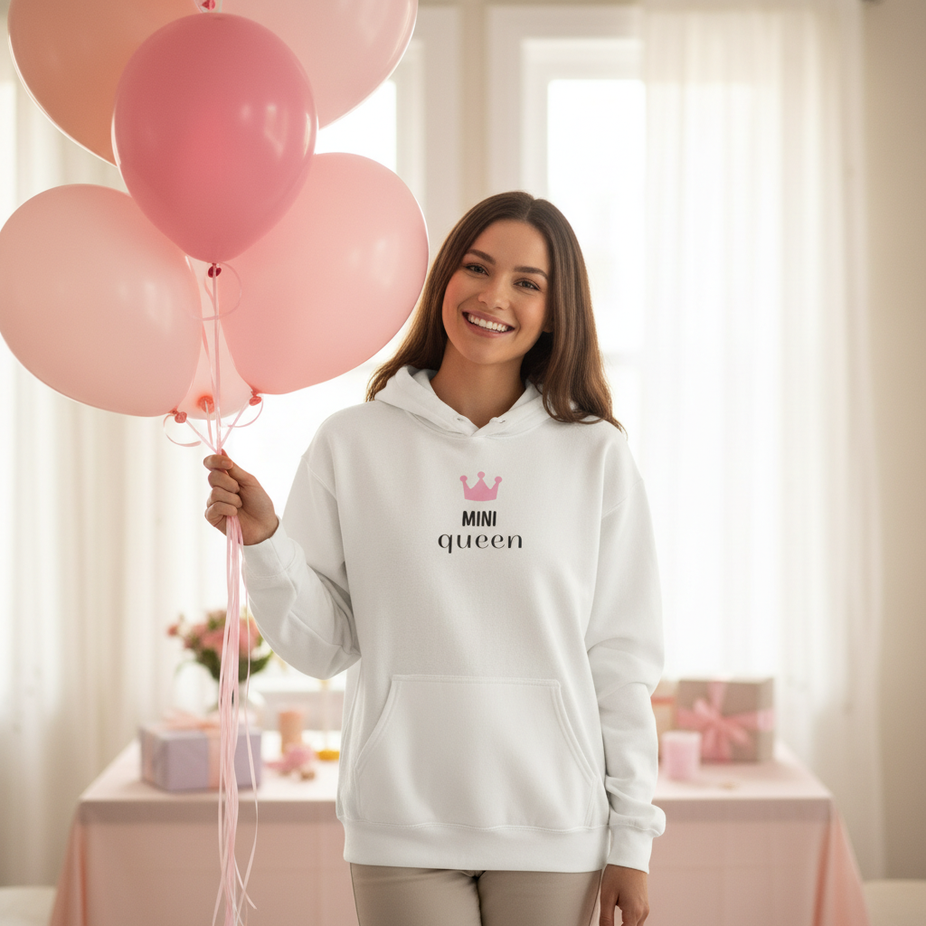 White hooded sweatshirt with pink crown and “MINI QUEEN” logo on chest