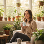 White coffee mug with “Plant Lady” botanical design, held by a seated woman