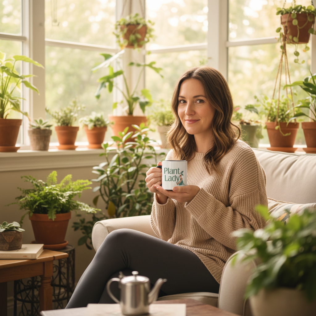White coffee mug with “Plant Lady” botanical design, held by a seated woman