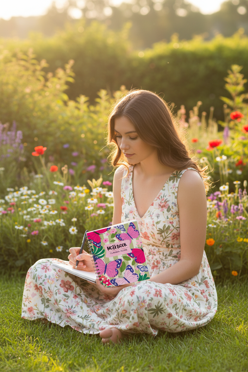 Butterfly spiral notebook with pink name label on cover, held by person in flowers
