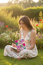 Butterfly spiral notebook with pink name label on cover, held by person in flowers