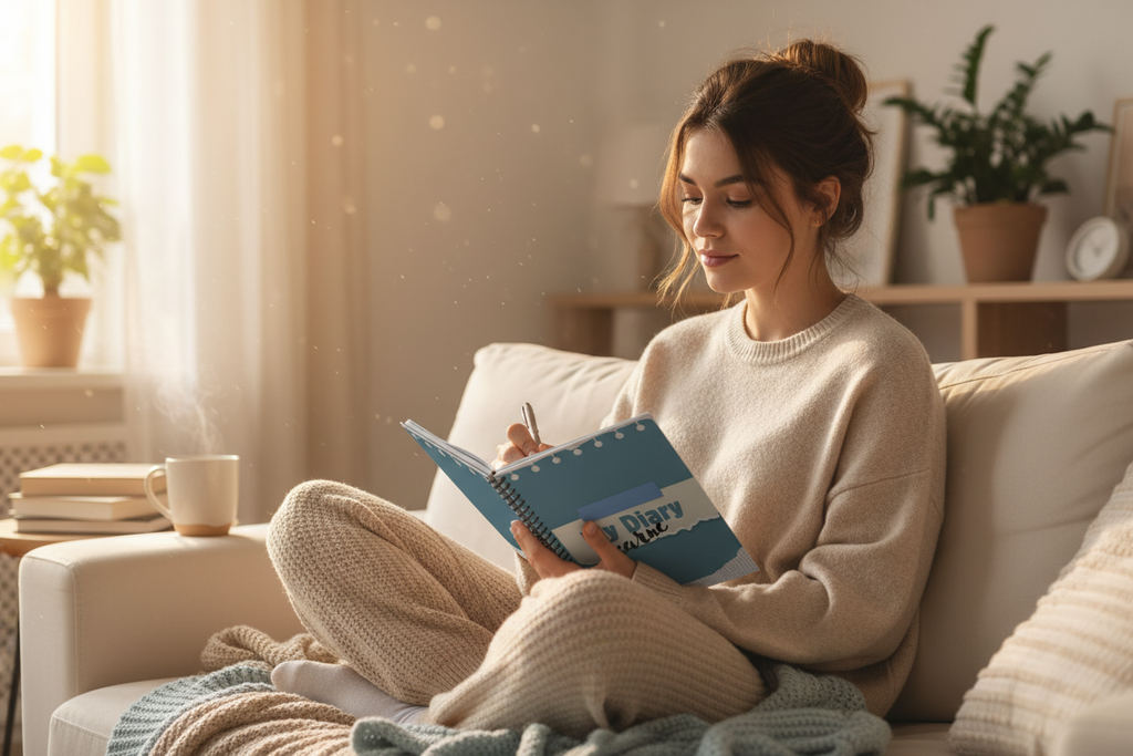 Woman writing in diary on bed with tea