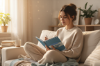 Woman writing in diary on bed with tea