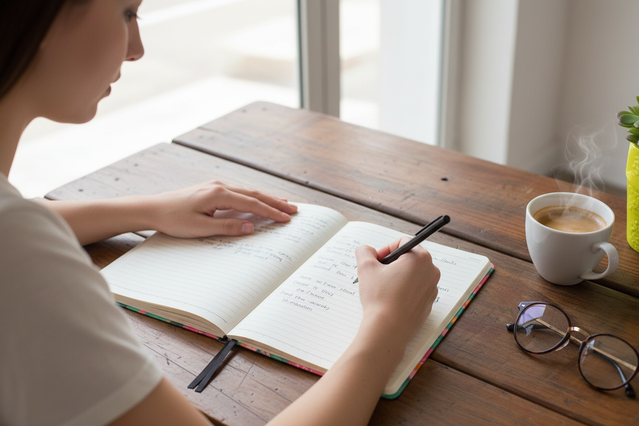 Woman's hands writing with pen and coffee