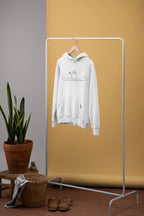 White unisex hoodie with hood and front pocket; line-art wedding rings graphic on chest.