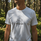 White graphic T-shirt with mountain and trees logo and “BY NATURE” print on front