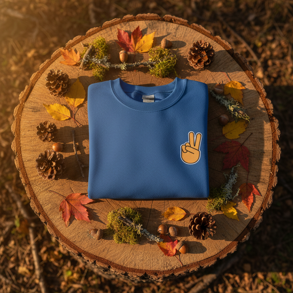 Royal blue crewneck sweatshirt with peace sign hand embroidery