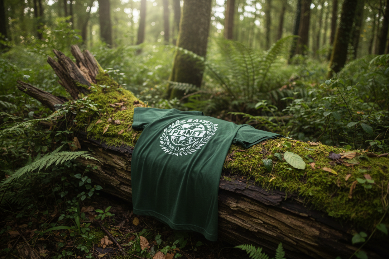 Forest green T-shirt with white 'Save the Planet' logo on chest