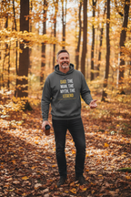 Charcoal gray hoodie with “DAD: THE MAN, THE MYTH, THE LEGEND” graphic on chest