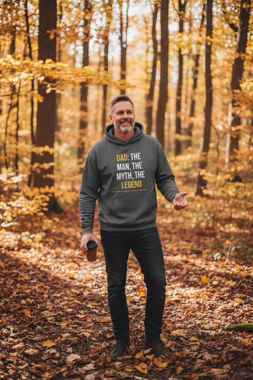 Charcoal gray hoodie with “DAD: THE MAN, THE MYTH, THE LEGEND” graphic on chest