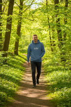 Blue hoodie on person, 'Father' chest print and kangaroo pocket, drawstring hood