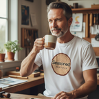 White crewneck T-shirt with tree-ring “Seasoned, Not Old” logo