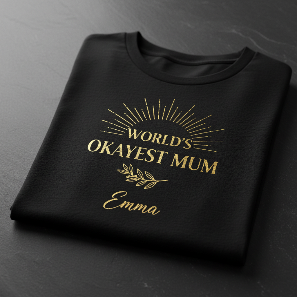 Black personalized t-shirt with gold “World’s okayest mum” front design