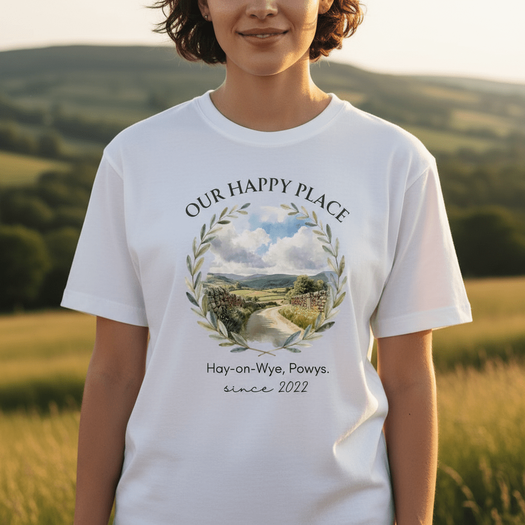 White T-shirt with “OUR HAPPY PLACE” scenic wreath graphic and small location text