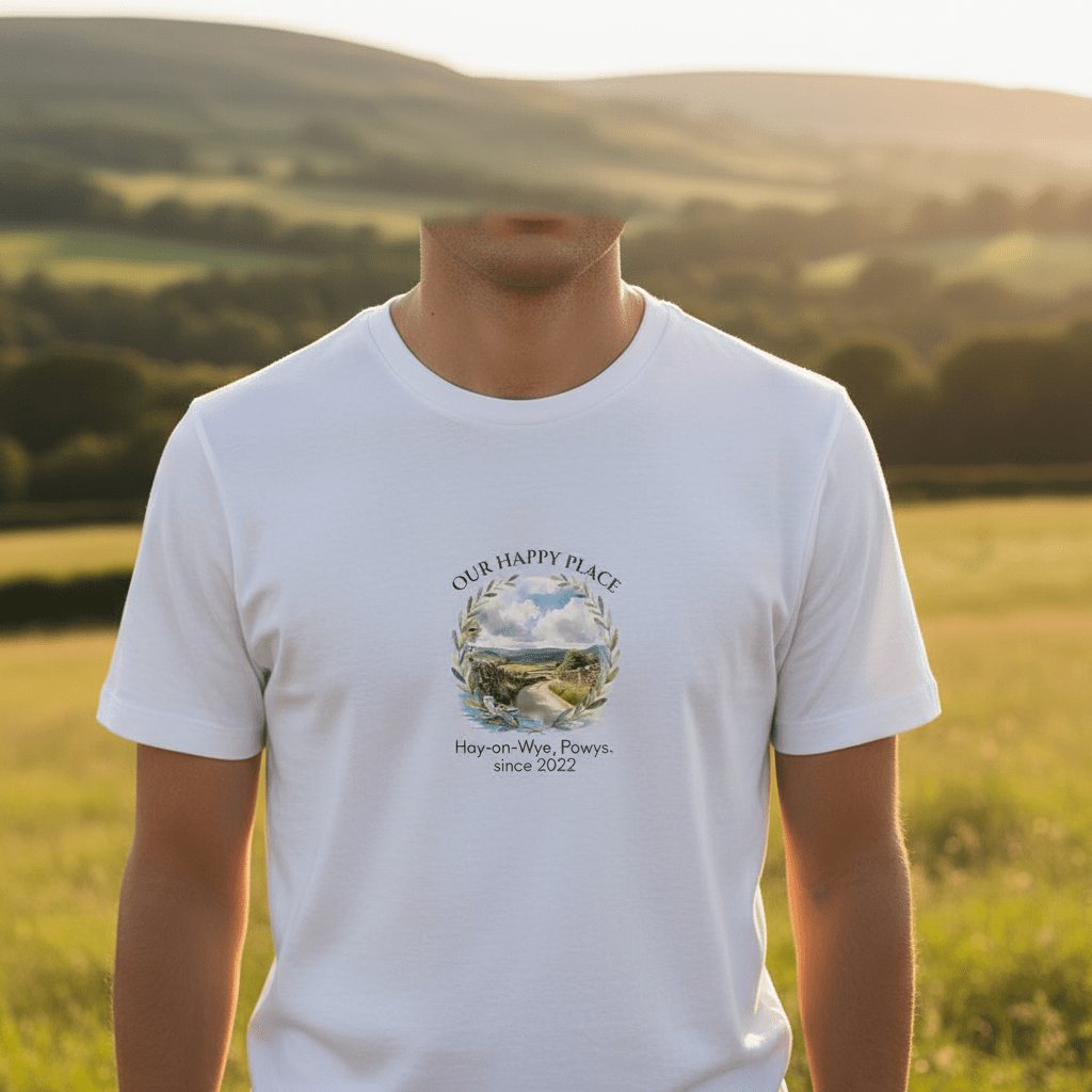 White T-shirt, small chest graphic with scenic wreath and “since 2022”