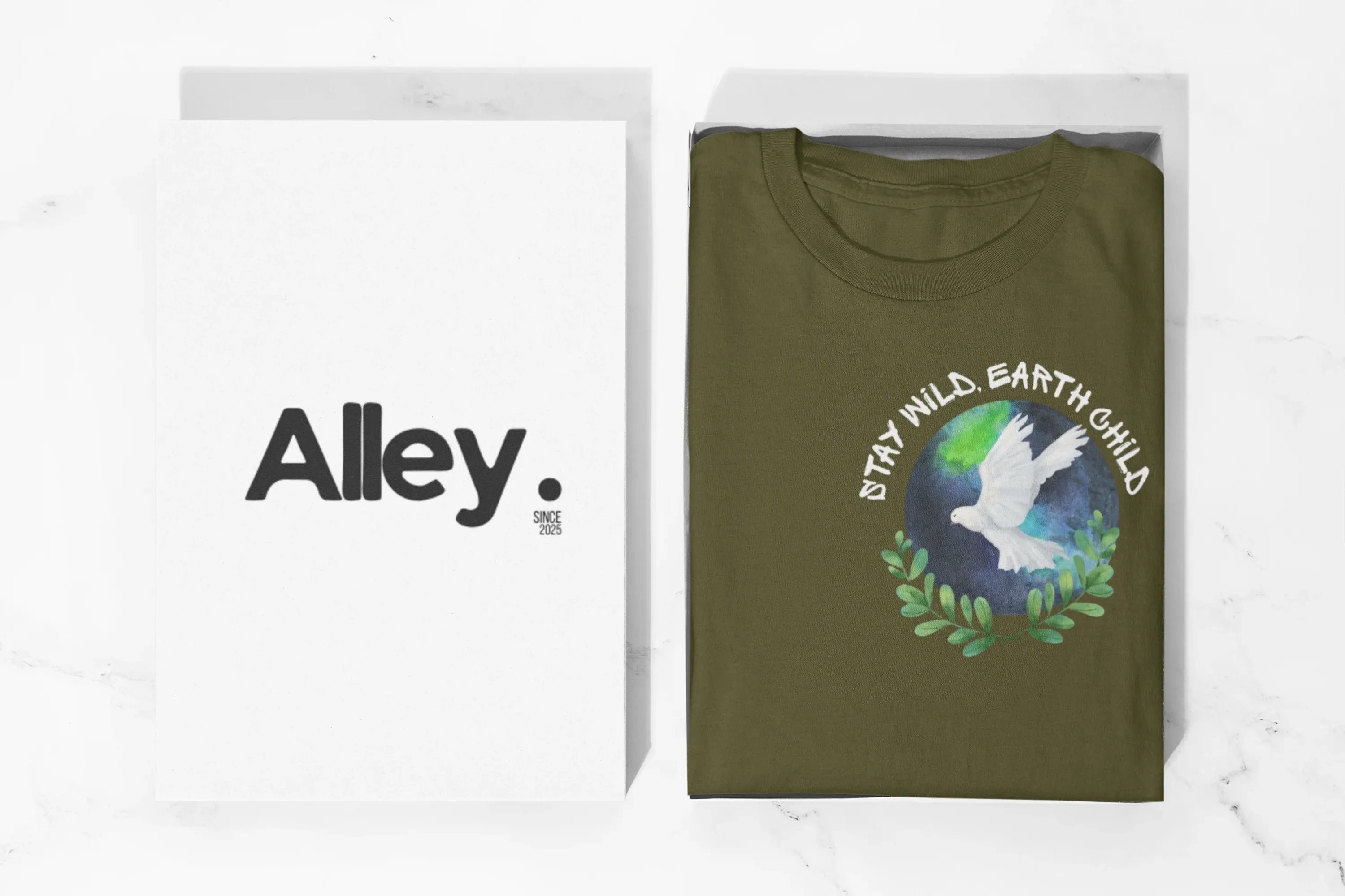 Olive green crewneck sweatshirt with a circular dove and leaf nature graphic on front.