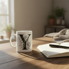White mug with black monogram and floral line art, standing on table