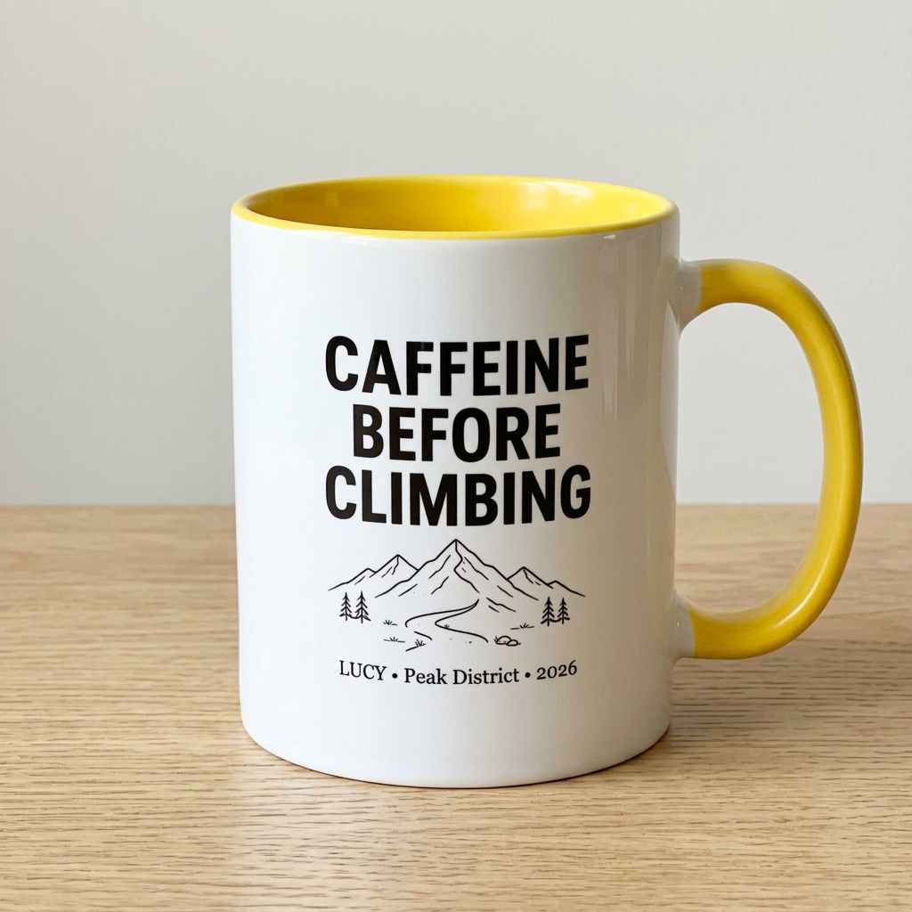 Yellow climbing mug, minimal UGC mockup