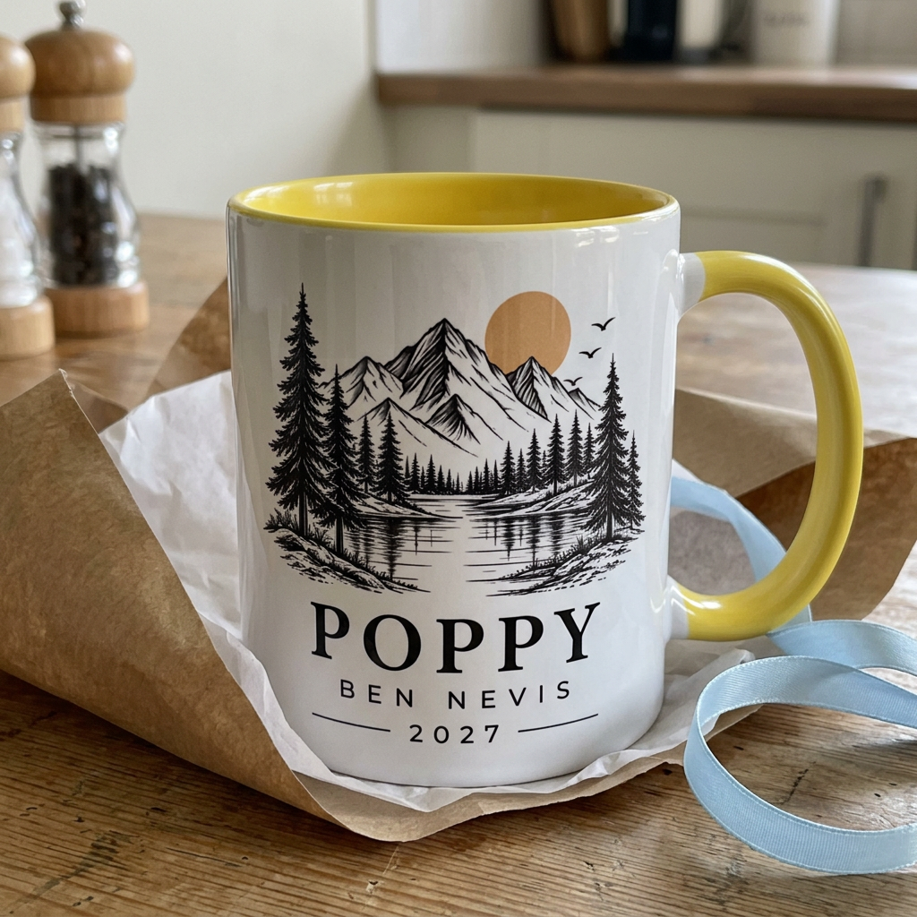 Yellow mountain mug personalised for Poppy with Ben Nevis and 2027, styled with tissue and ribbon