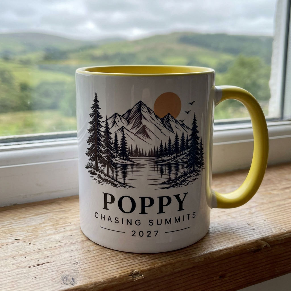Yellow mountain mug personalised for Poppy