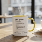 Personalised friendship mug, white ceramic with yellow handle and rim, black text, steam rising