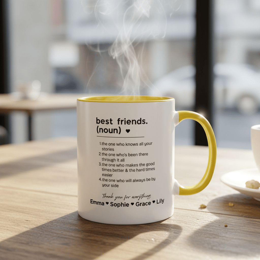Personalised friendship mug, white ceramic with yellow handle and rim, black text, steam rising