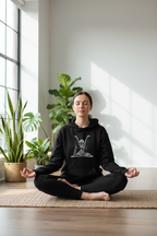 Black yoga lotus pose hoodie with front hood and centered chest illustration